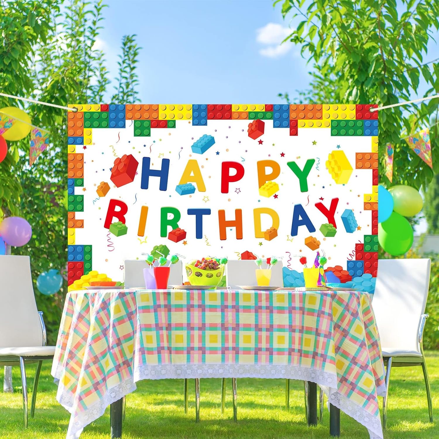 Chiazllta Happy Birthday Blocks Banner for Kids Boys Girls White Background
