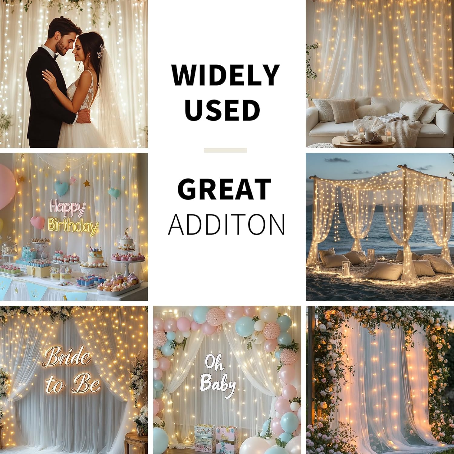 White Tulle Backdrop with LED String Lights - 10x10ft Wedding Party Background