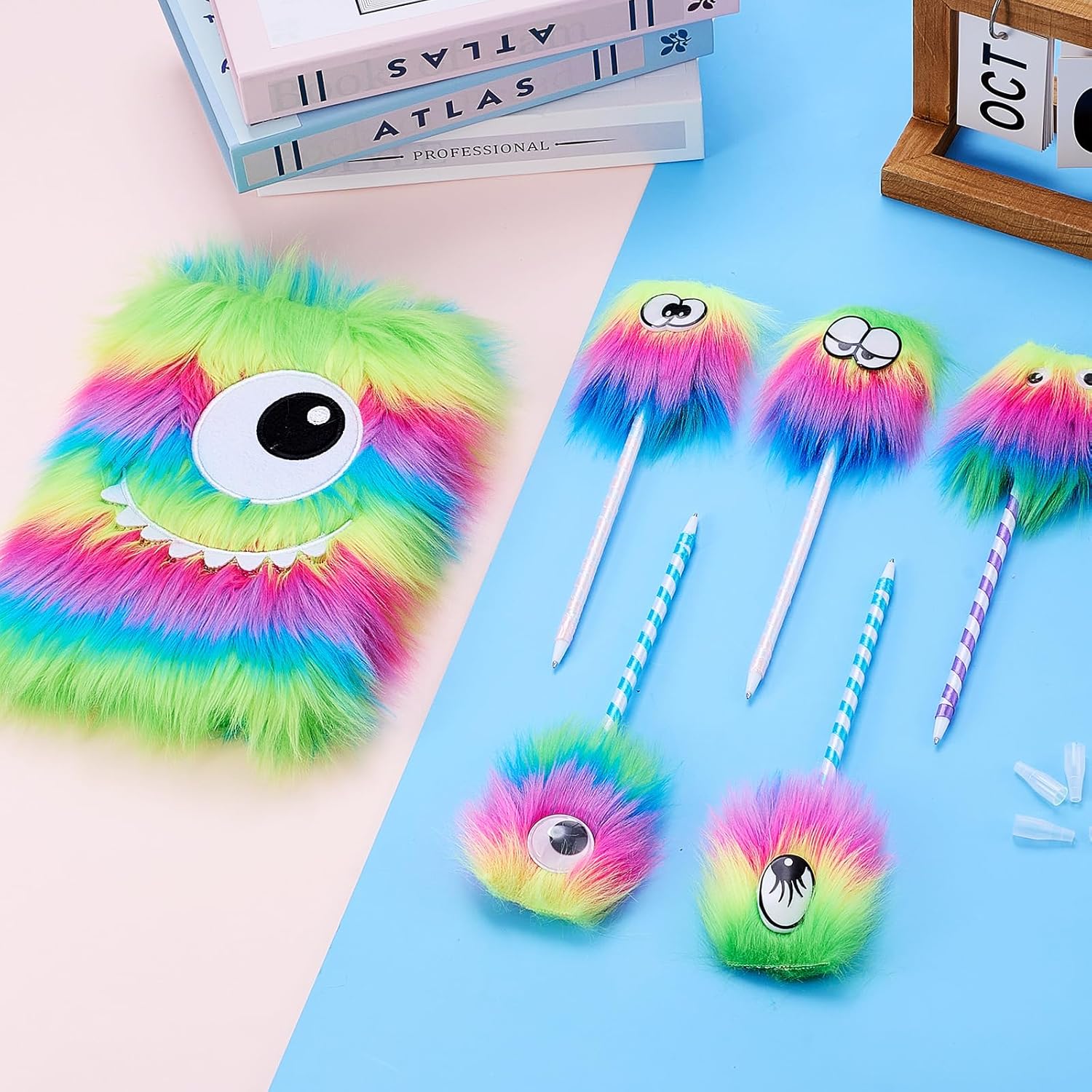 Outus Fluffy Rainbow Pens and Monster Notebooks Set