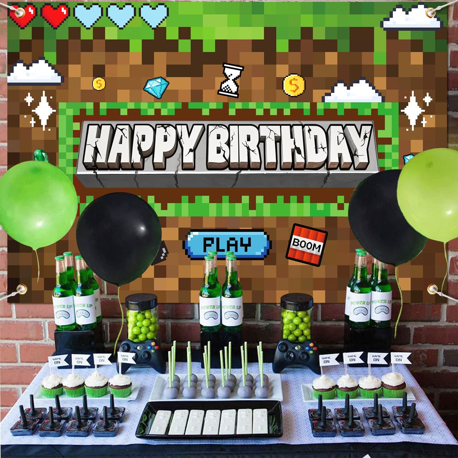 Pixel Miner Birthday Party Backdrop Banner 5x3ft
