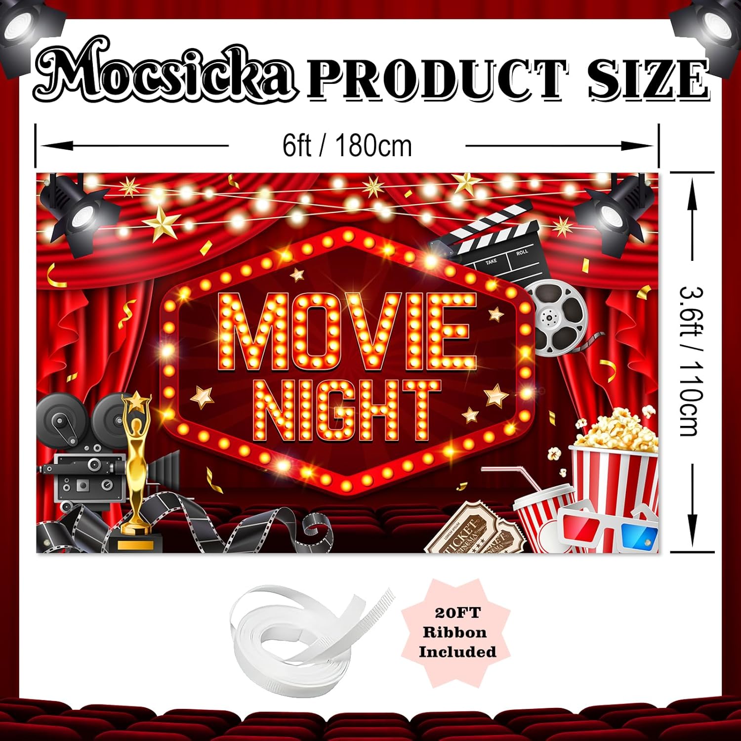 Mocsicka Movie Night Backdrop Banner 6x36ft