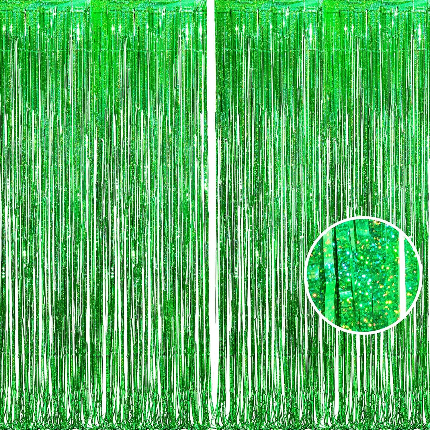 BRAVESHINE Green Metallic Tinsel Curtains - 2 Pack 32x82ft Photo Backdrop for Parties