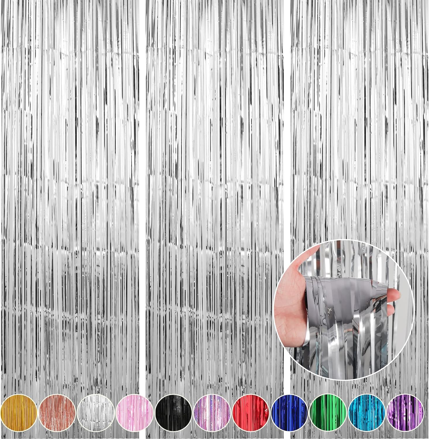 Crosize 3 Pack Silver Foil Fringe Backdrop Curtains