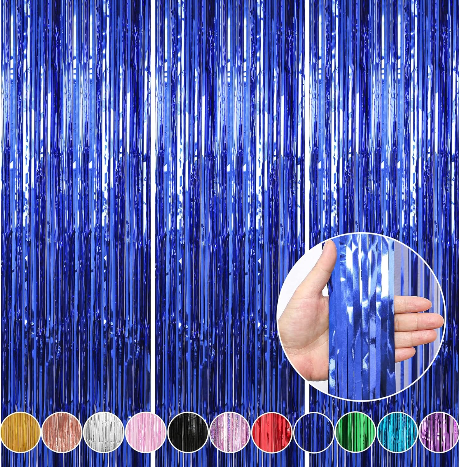 Crosize 3 Pack Foil Fringe Backdrop Curtains 33x99ft Blue