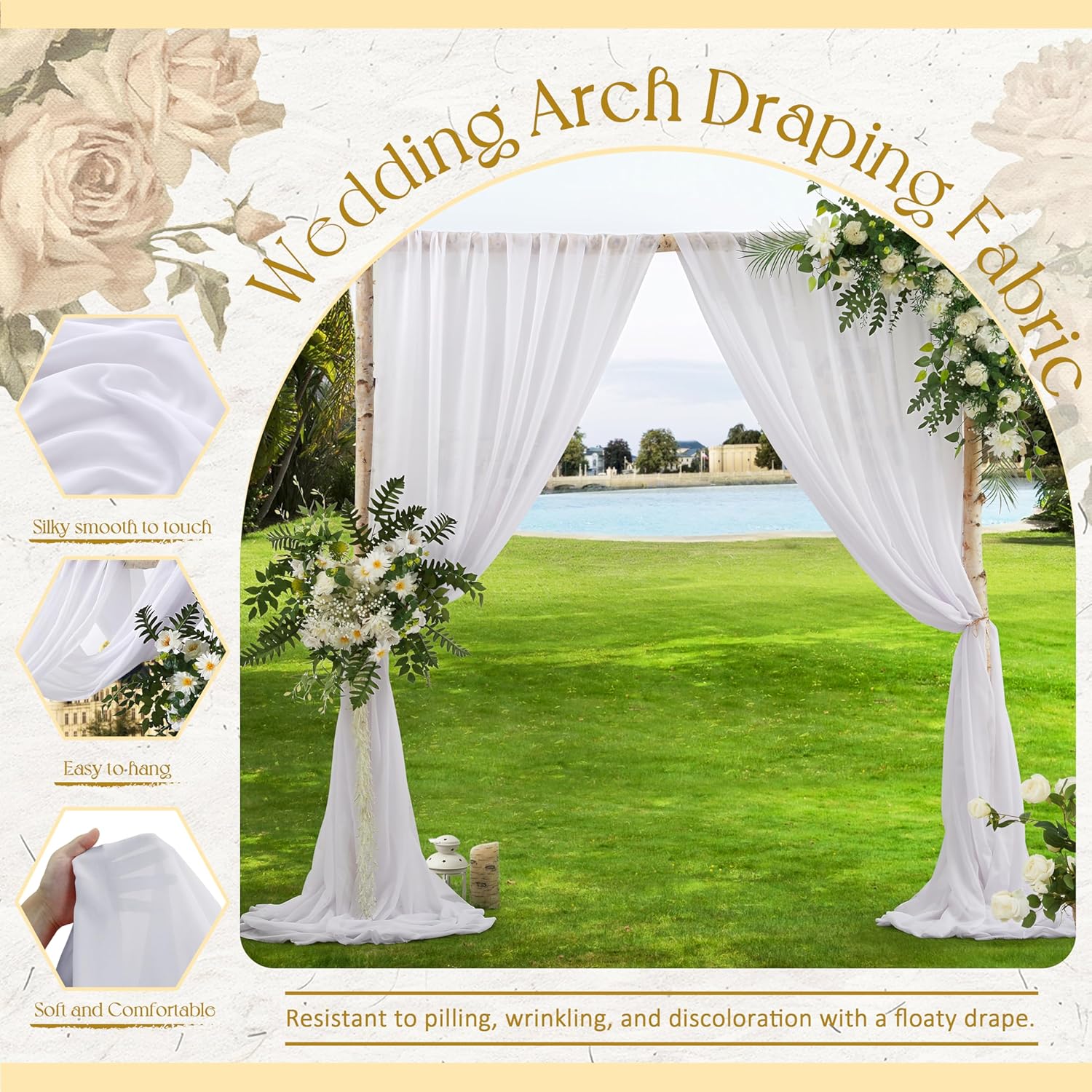 VACVELT Wedding Arch Draping Fabric - White Chiffon 1 Panel 30x20ft Backdrop