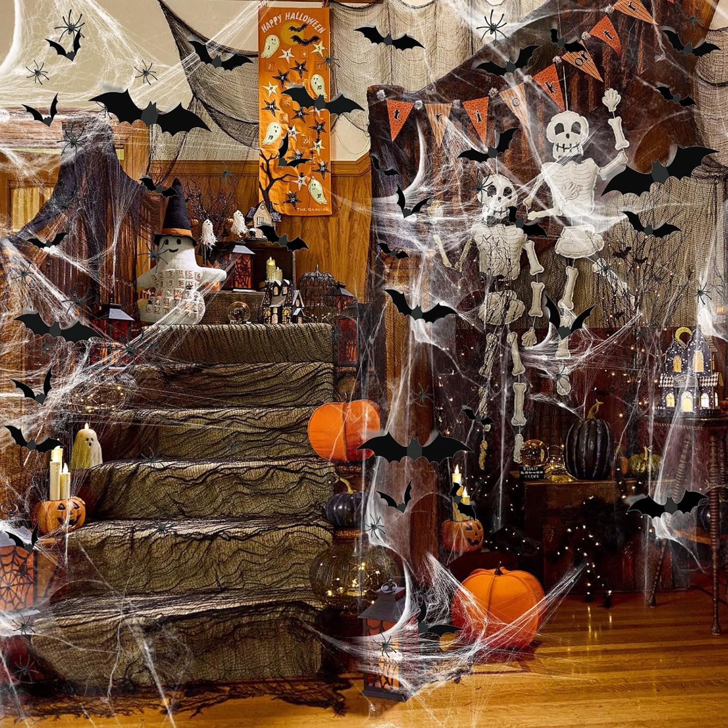 Famoby 1200 sqft Halloween Spider Webs and 120pcs Fake Bats