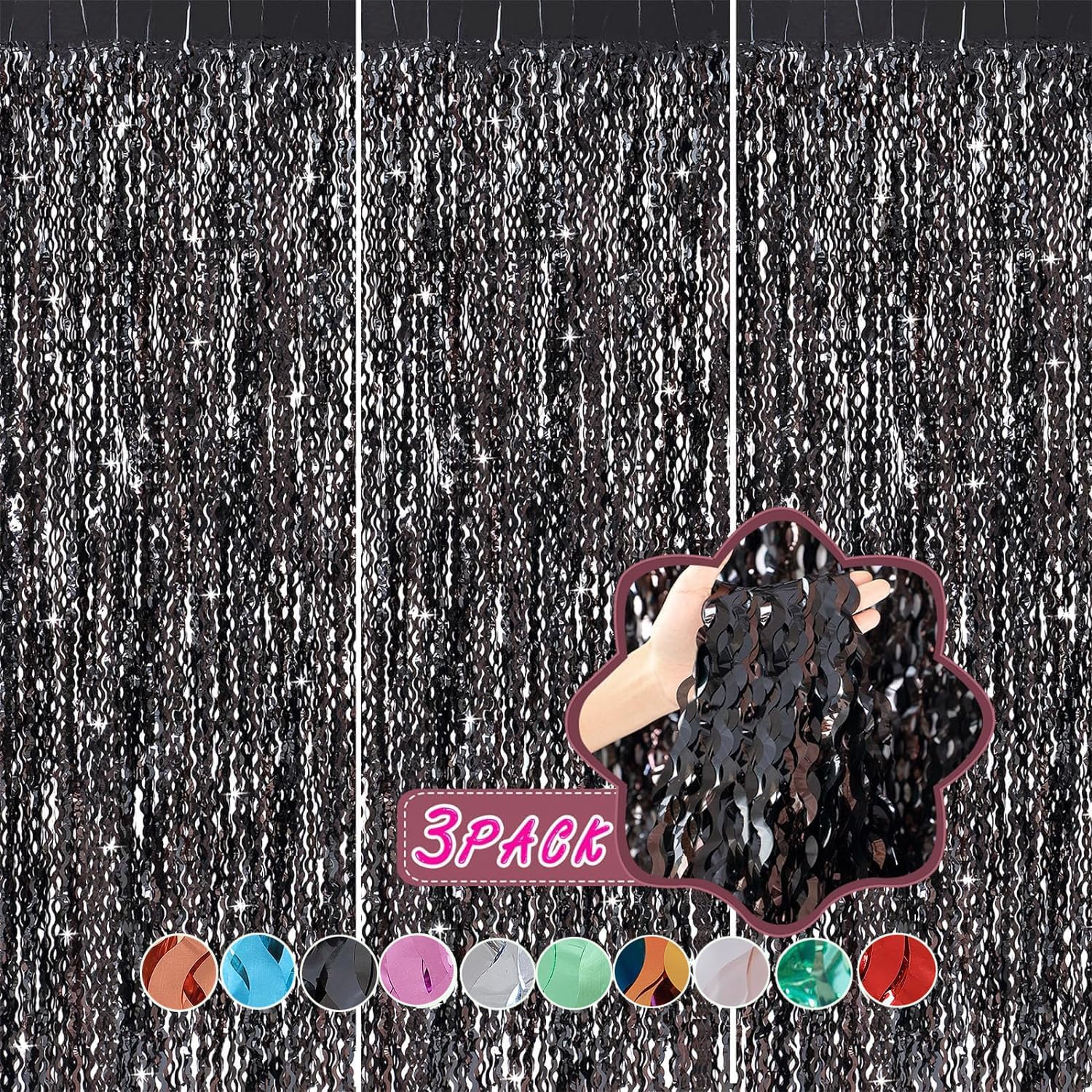 3 Pack Wavy Black Tinsel Curtains for Party Decor