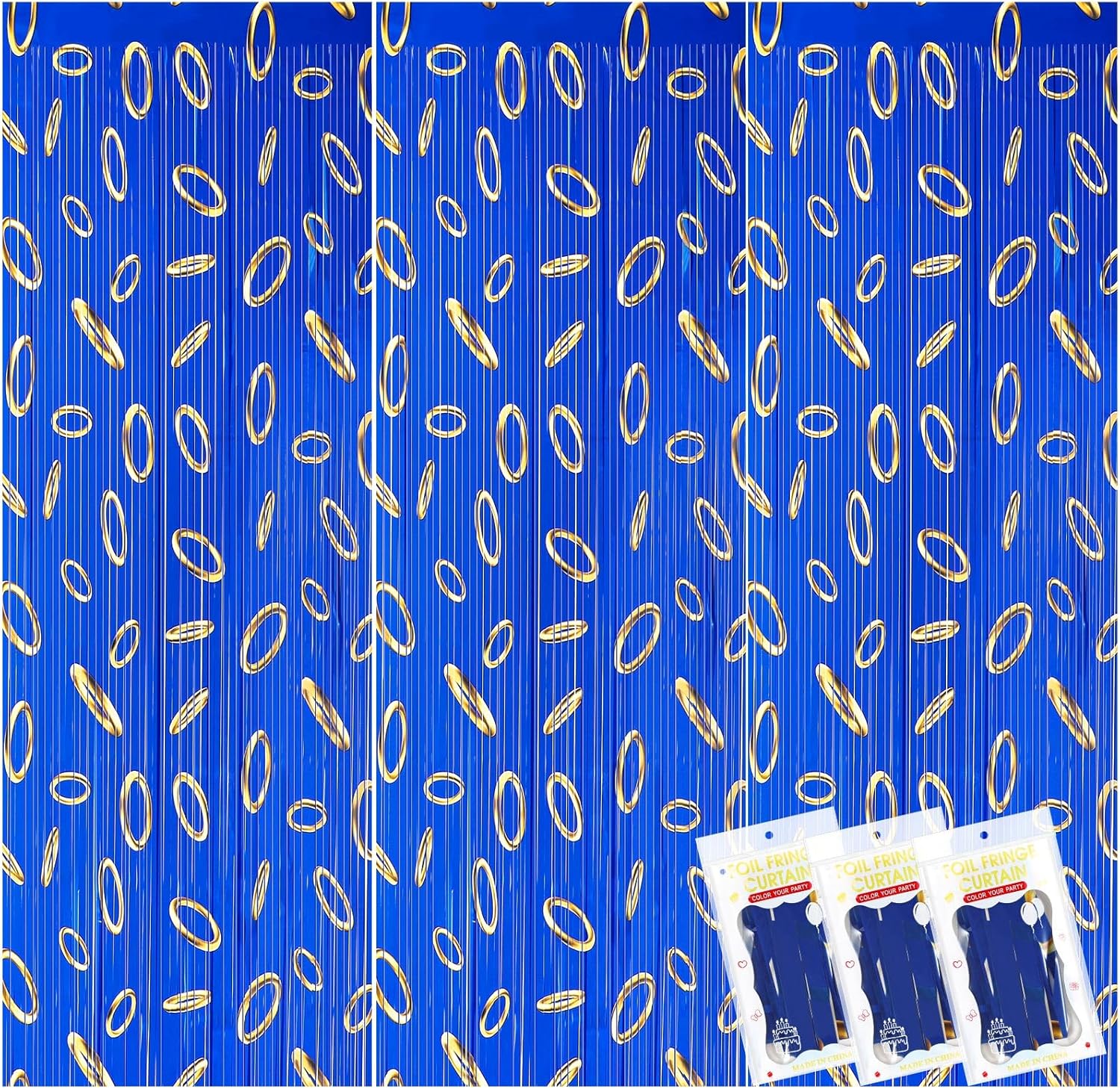 3 Pcs Blue with Gold Ring Print Party Backdrop Curtains