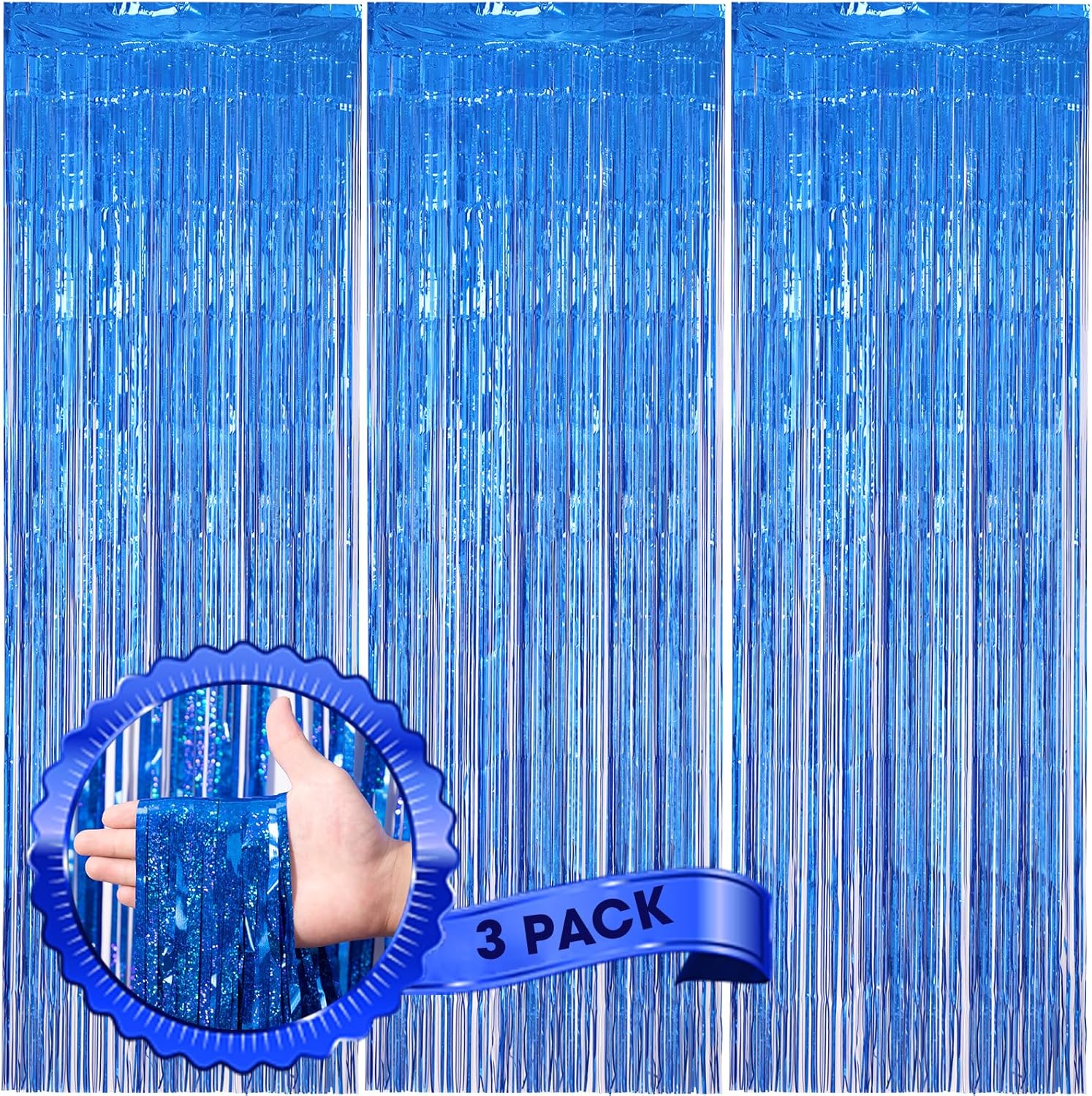 3 Pack Laser Blue Foil Fringe Backdrop Curtains for Parties