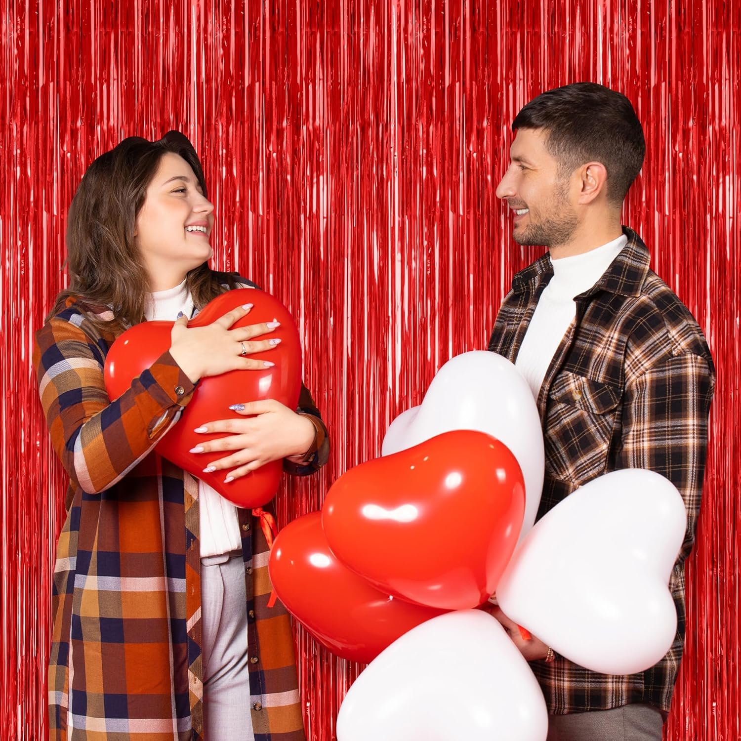 2 Pack Red Tinsel Backdrop Curtains for Wedding and Parties