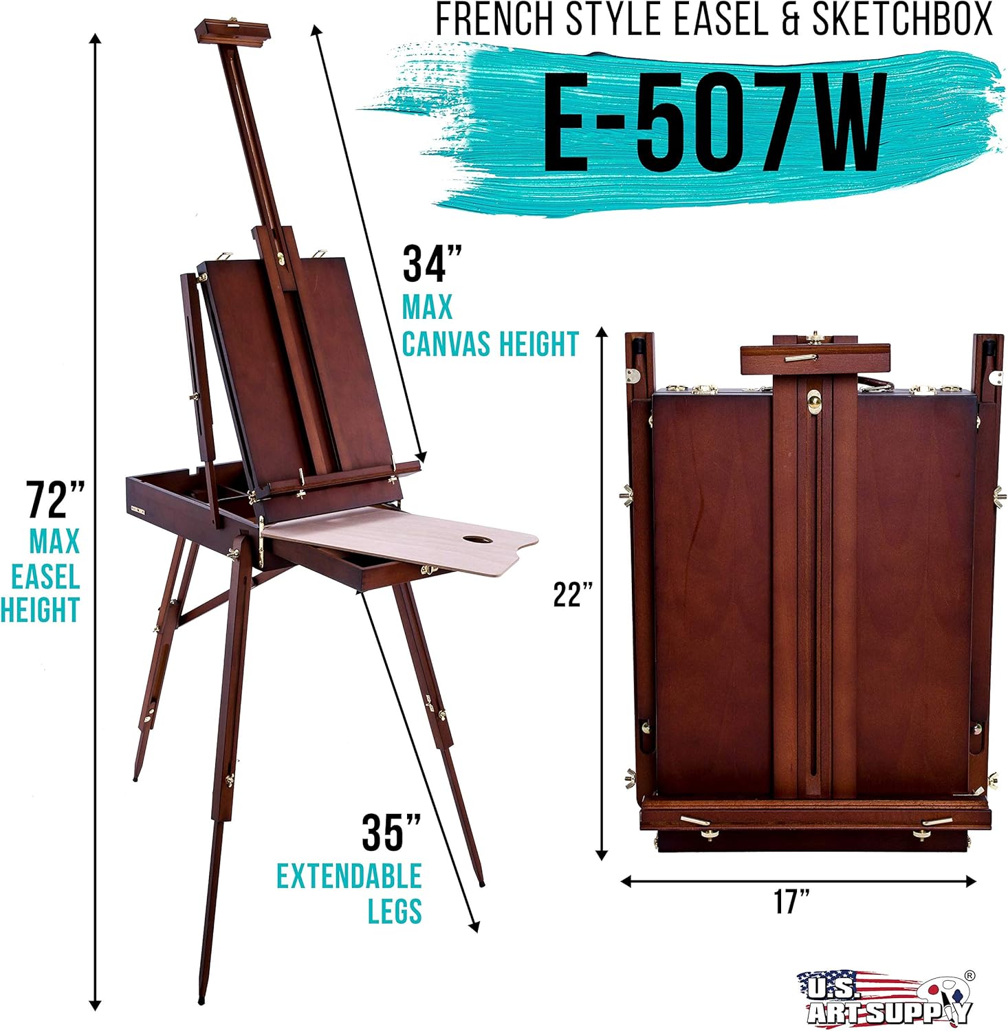 US Art Supply Large Walnut French Easel with Drawer and Palette