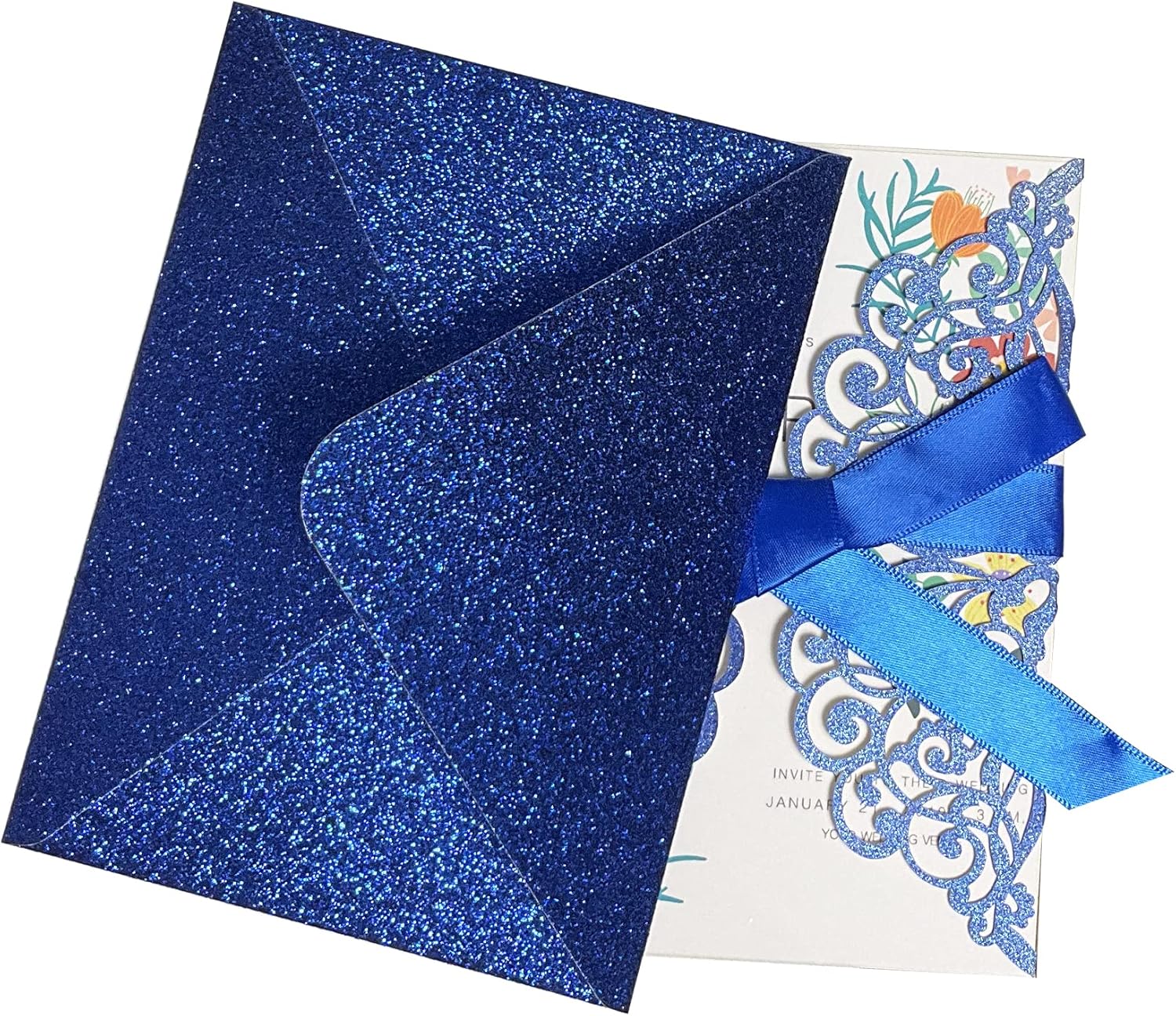 50Pcs Laser Cut Blue Wedding Invitations with Glitter Envelopes Ribbons