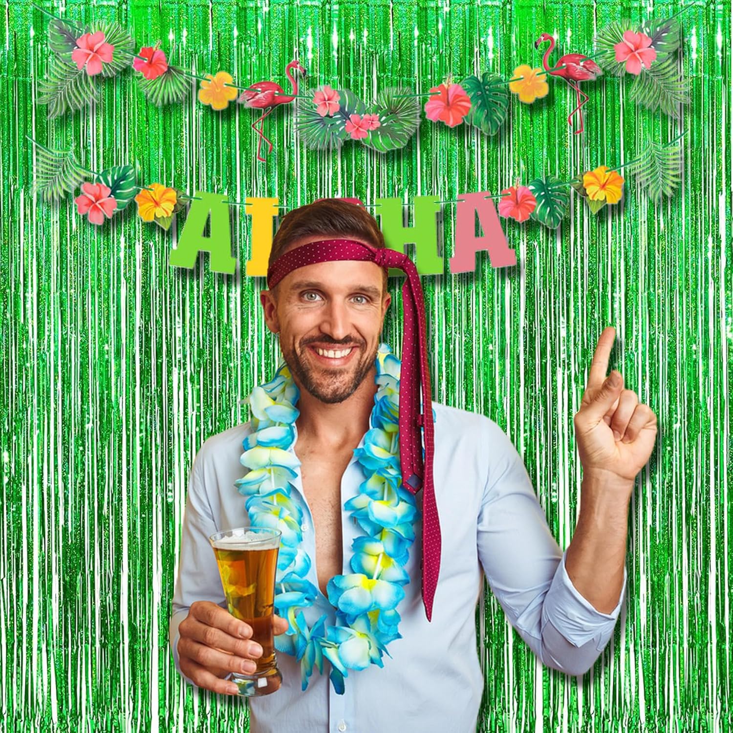 BRAVESHINE Green Metallic Tinsel Curtains - 2 Pack 32x82ft Photo Backdrop for Parties