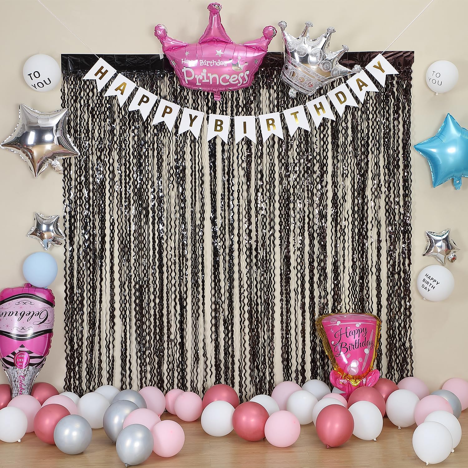 3 Pack Wavy Black Tinsel Curtains for Party Decor