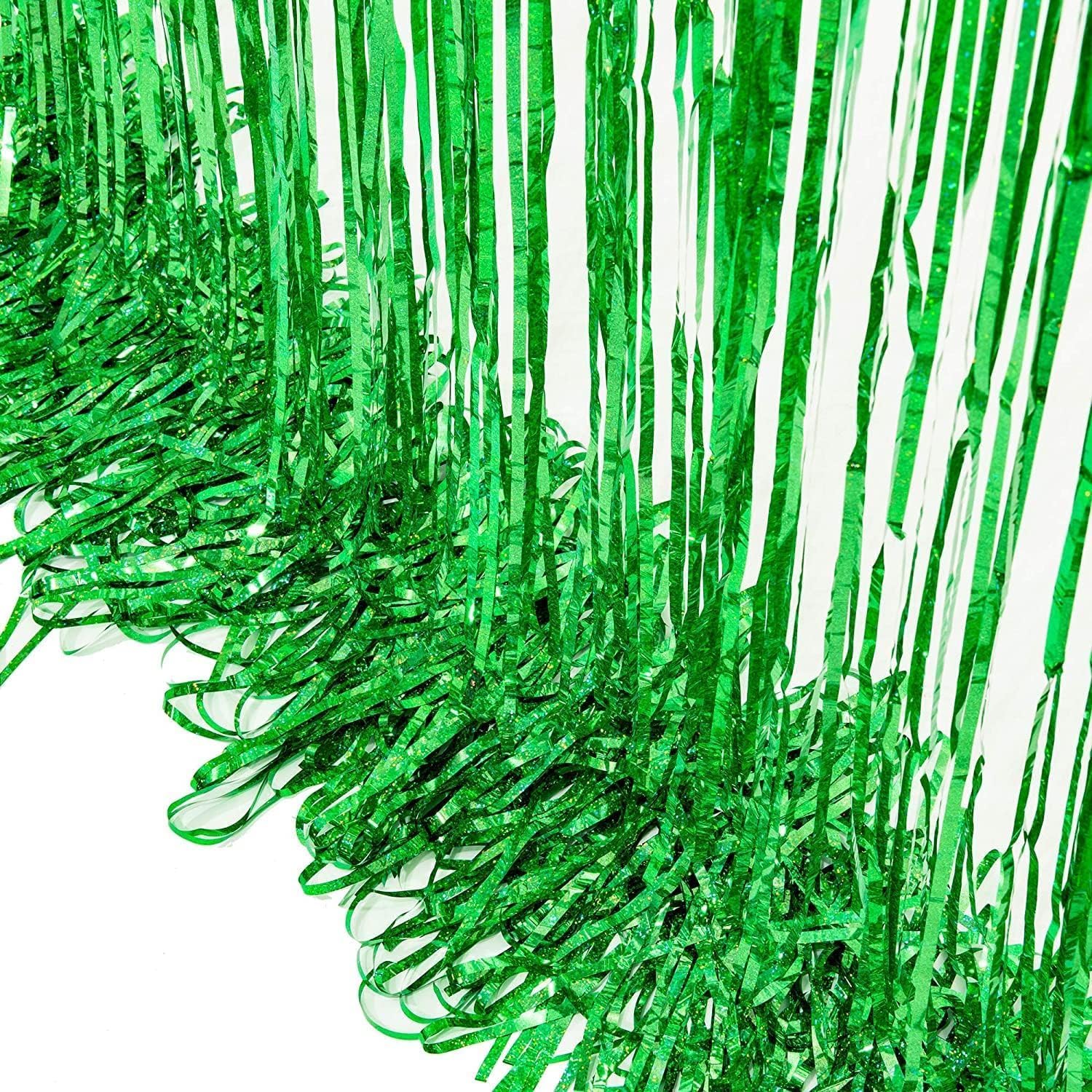 BRAVESHINE Green Metallic Tinsel Curtains - 2 Pack 32x82ft Photo Backdrop for Parties