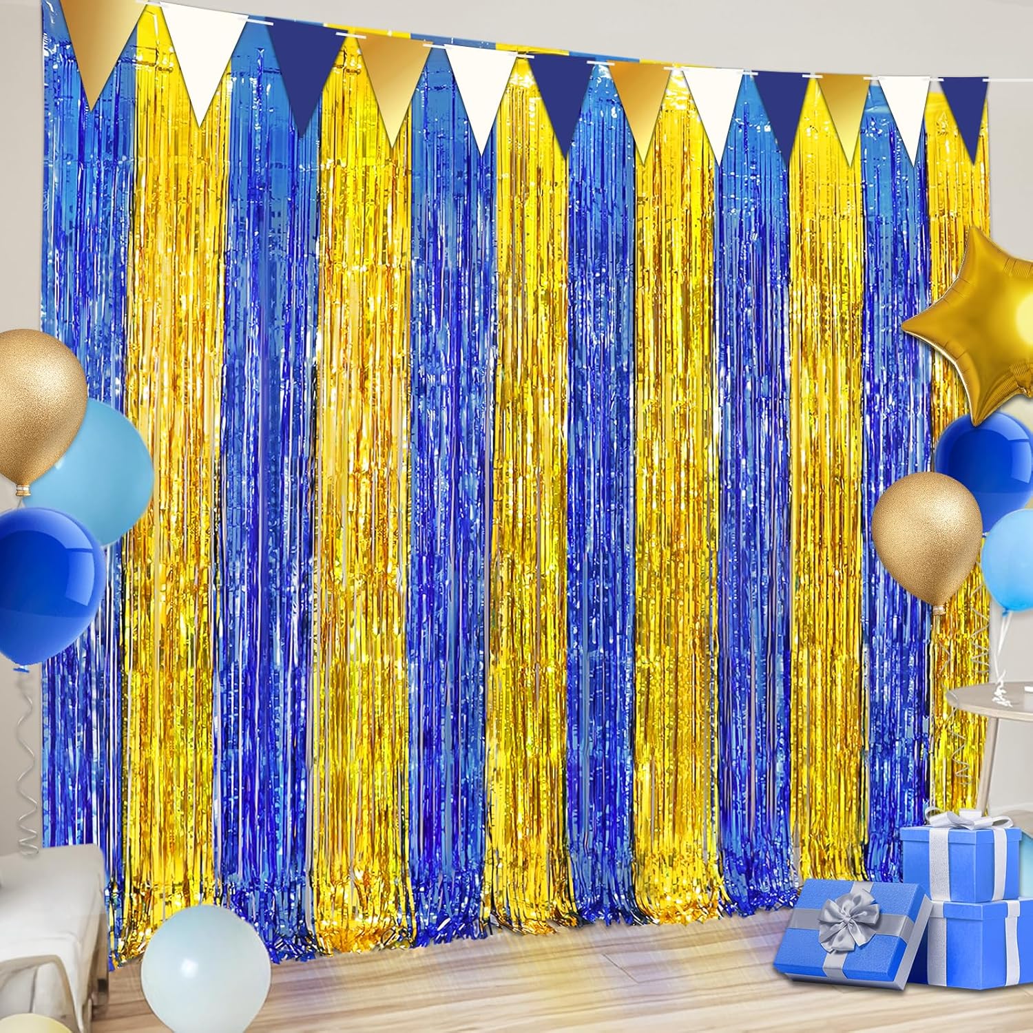 Navy Blue Gold Foil Fringe Curtains with Banner 4 Pack