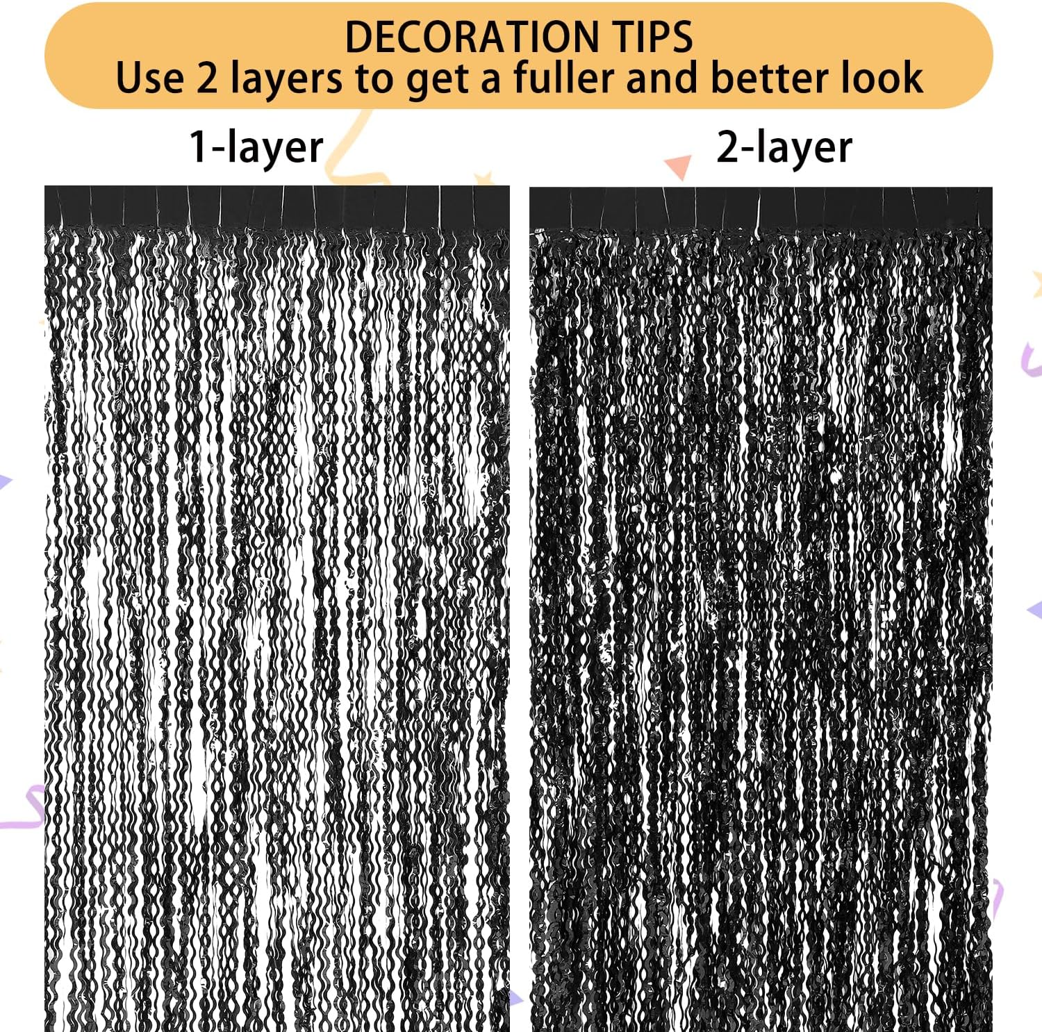 3 Pack Wavy Black Tinsel Curtains for Party Decor