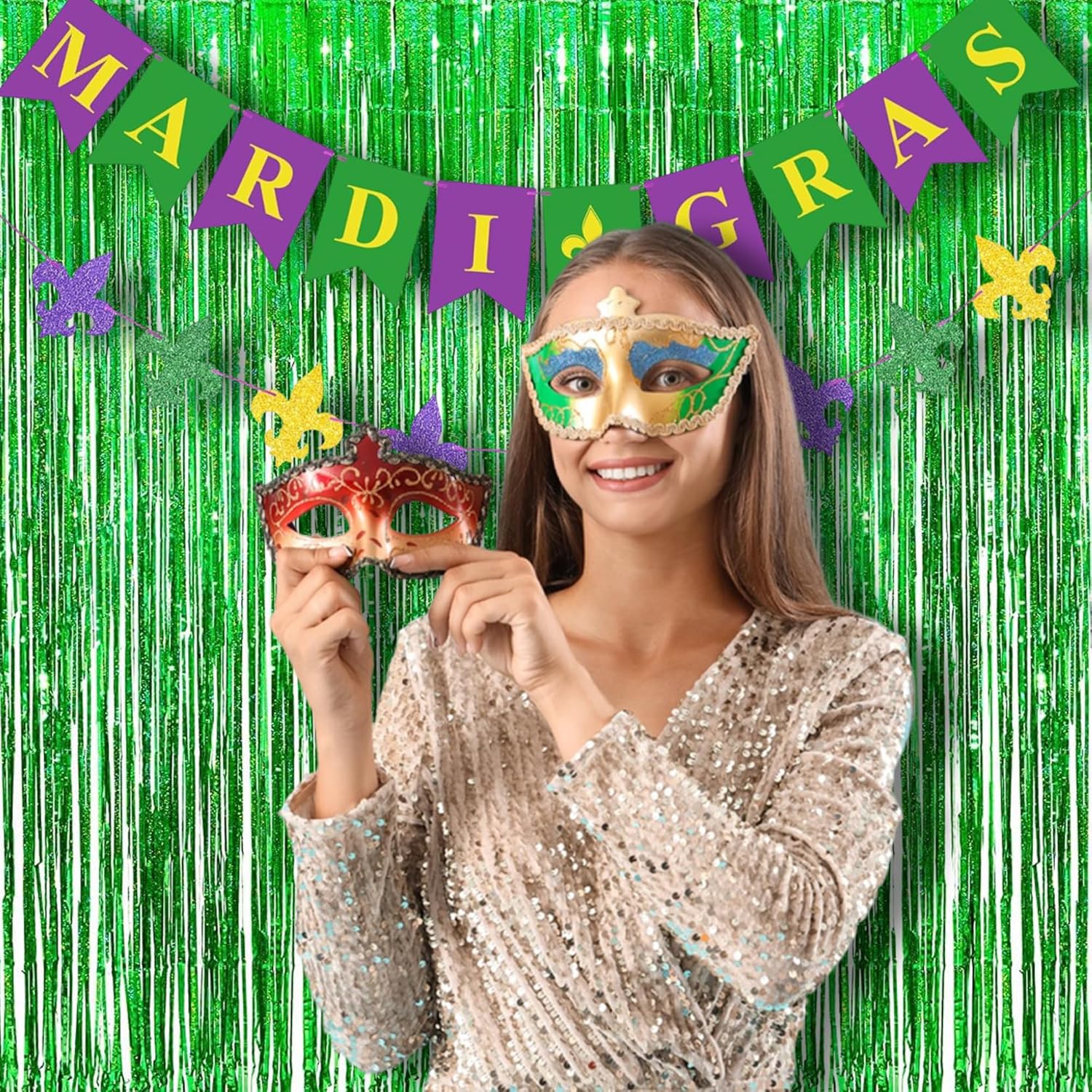 BRAVESHINE Green Metallic Tinsel Curtains - 2 Pack 32x82ft Photo Backdrop for Parties