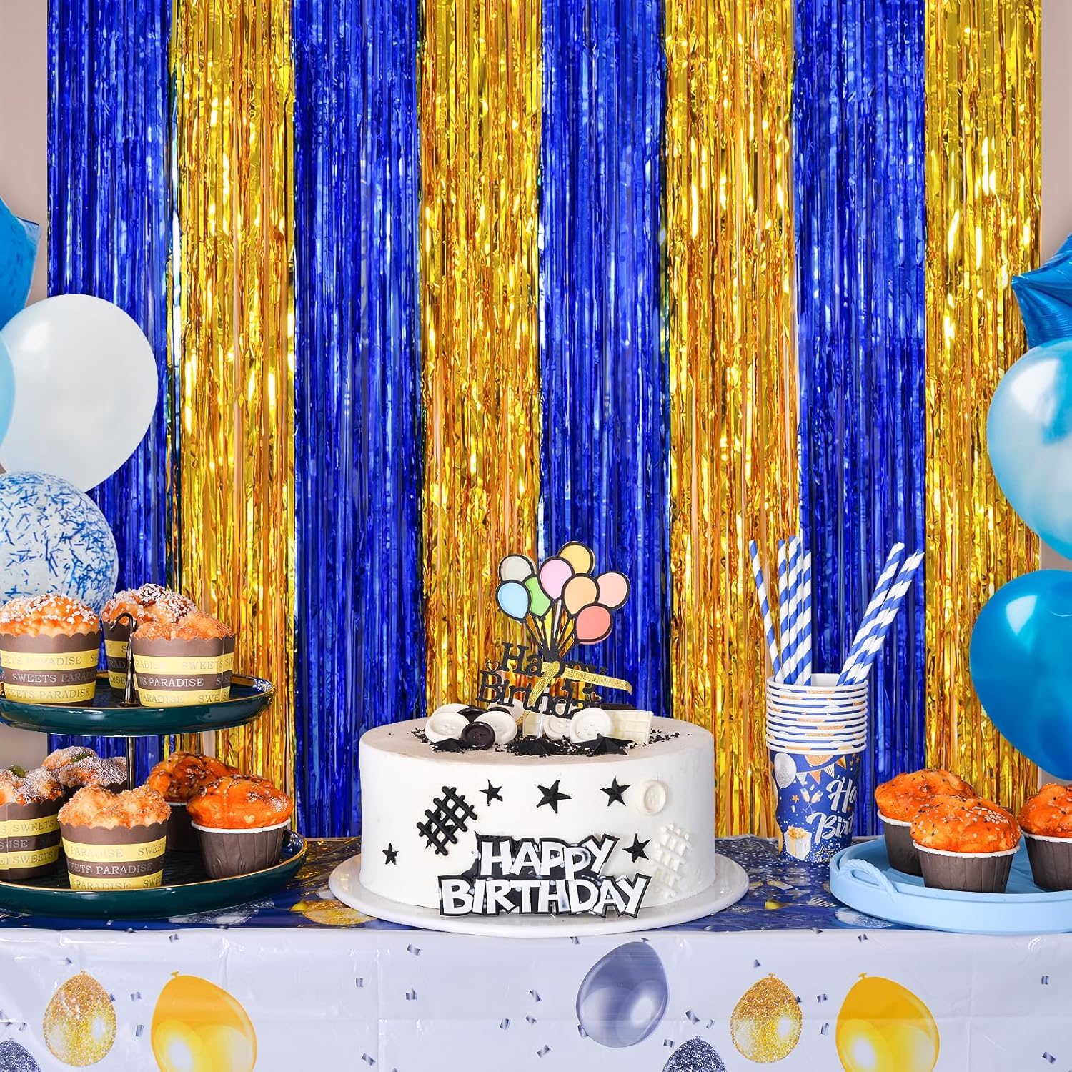 LOLStar 2 Pack Blue and Gold Foil Fringe Curtains